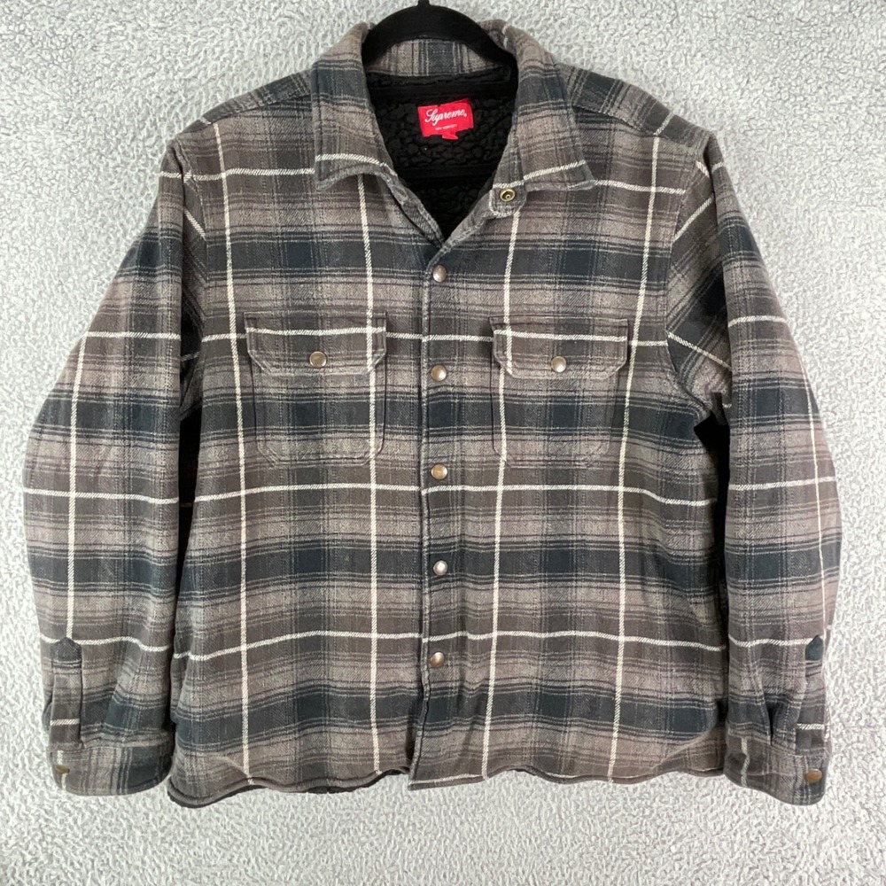 Supreme Flannel Shirt Jacket Mens Medium Gray Plaid Sherpa Lined Gothic Logo